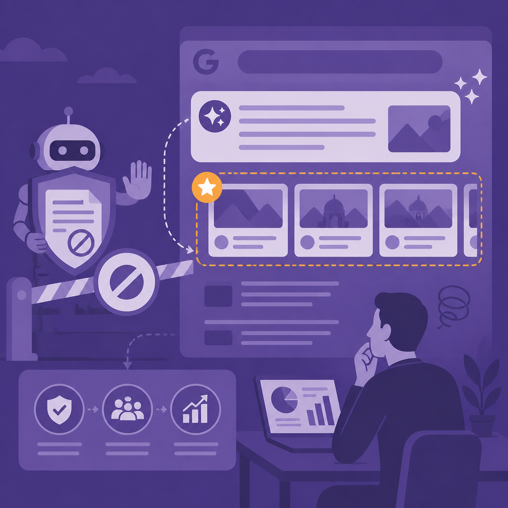 Иллюстрация к новости: Robots.txt не защищает от AI Overviews: как Google встраивает Top Stories в сводки и что делать издателям