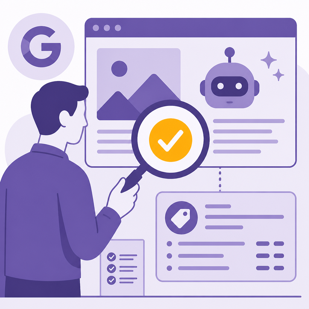 Иллюстрация к новости: Google требует ручной проверки фактов для всего AI-контента, включая метаданные